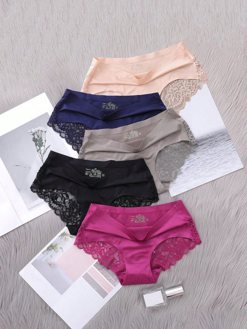 5 Piezas/set Ropa Interior Femenina: Pantalones Cortos Triangulares Sexys Y Comodos De Encaje Sin Costuras De Seda Helada