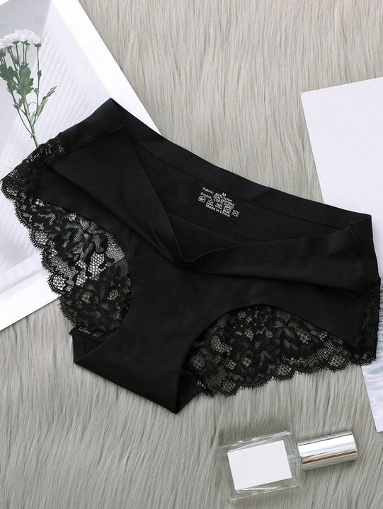 5 Piezas/set Ropa Interior Femenina: Pantalones Cortos Triangulares Sexys Y Comodos De Encaje Sin Costuras De Seda Helada