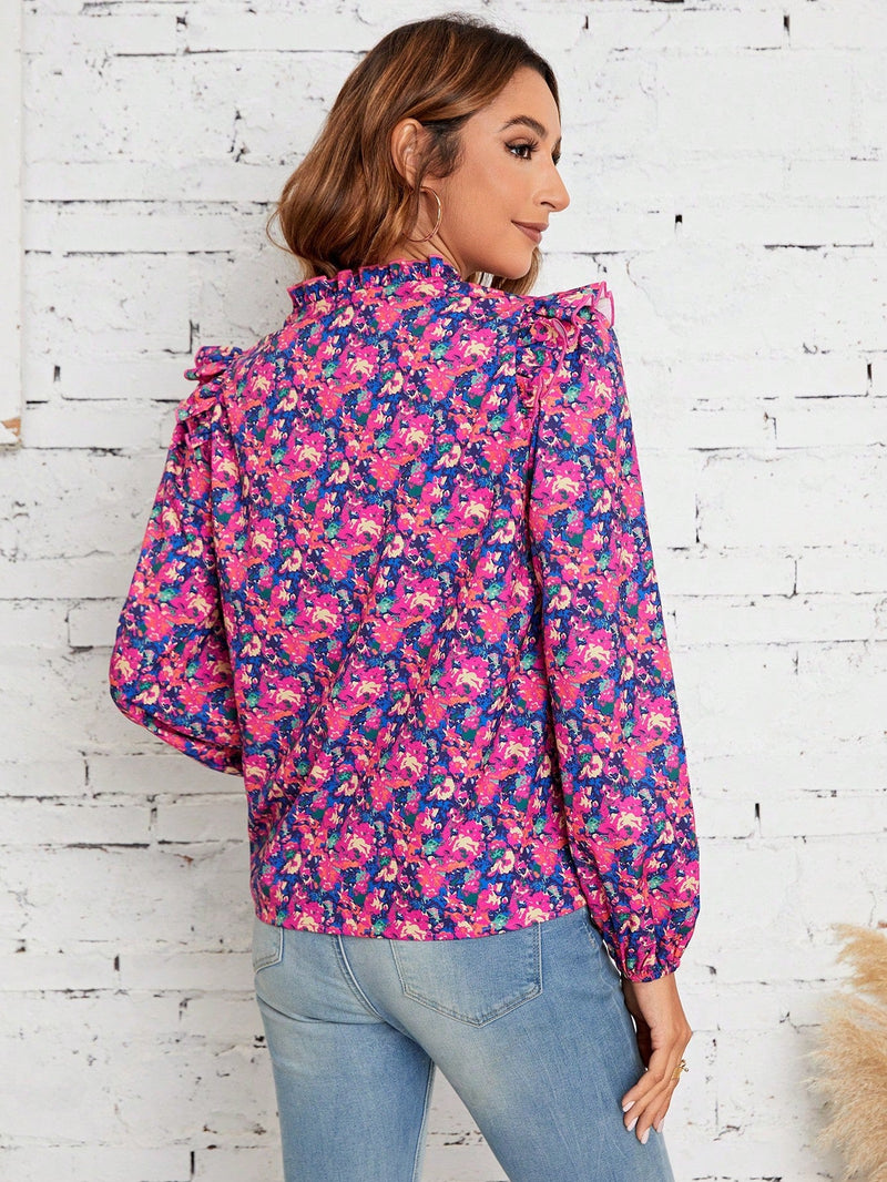 Frenchy Blusa con estampado floral ribete con fruncido de manga farol