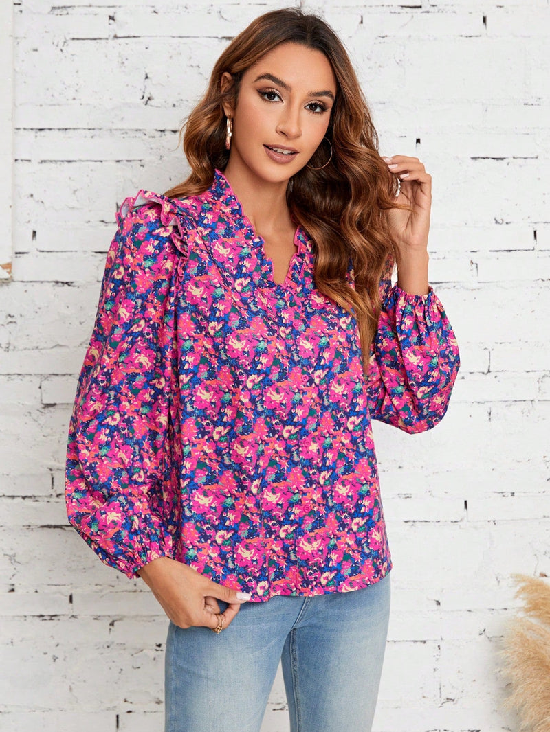 Frenchy Blusa con estampado floral ribete con fruncido de manga farol