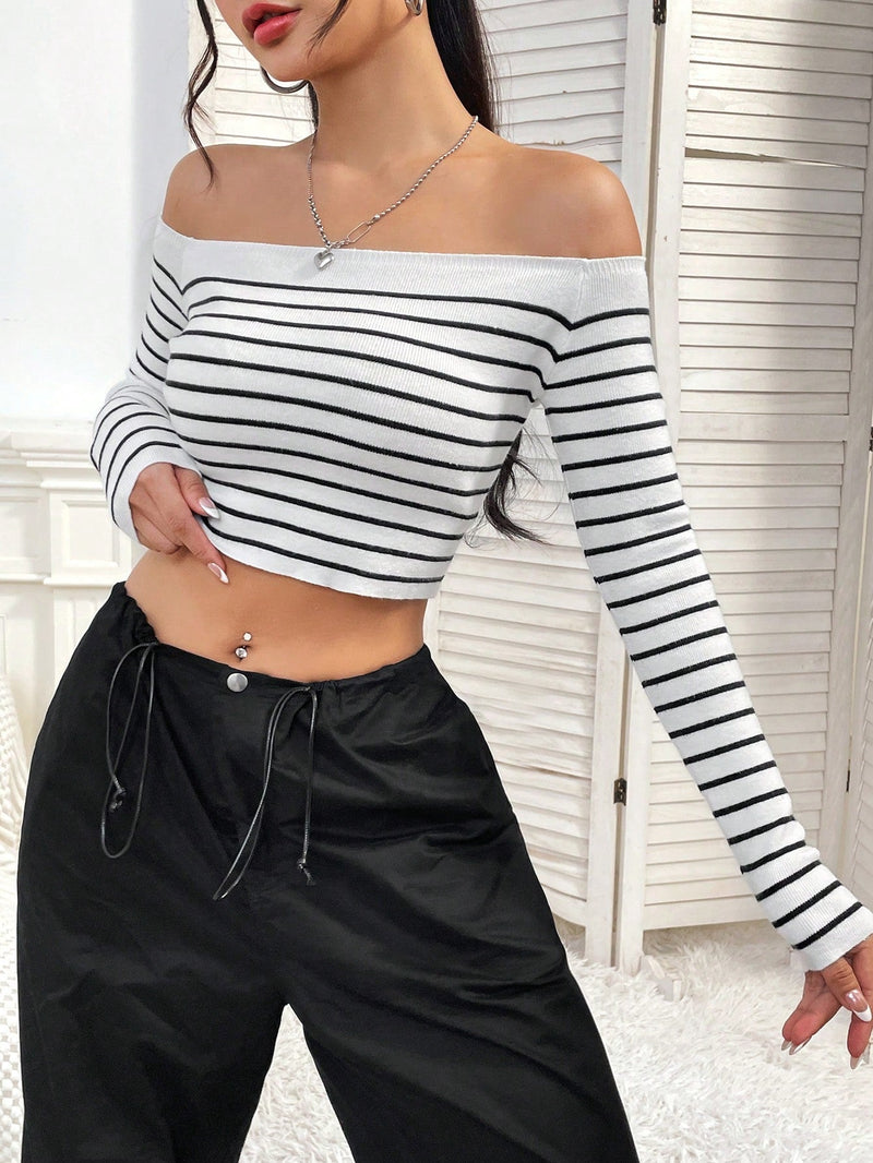 EZwear Jersey crop con patron de rayas de hombros descubiertos