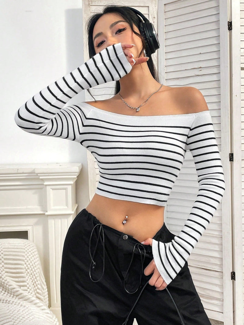 EZwear Jersey crop con patron de rayas de hombros descubiertos