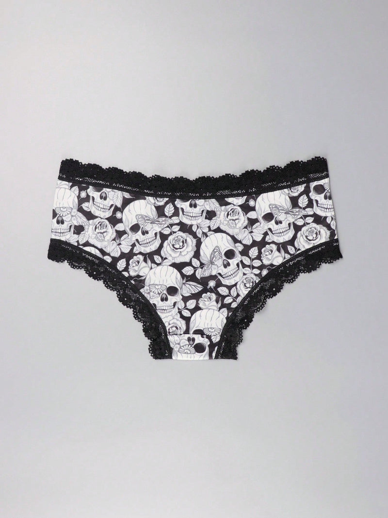 3 Piezas Lenceria De Goth Con Contraste De Encaje Hipster Panties, Prendas De Ropa Interior De Calaveras Con Estrellas Para Halloween, Lenceria Y Ropa Interior De Mujer