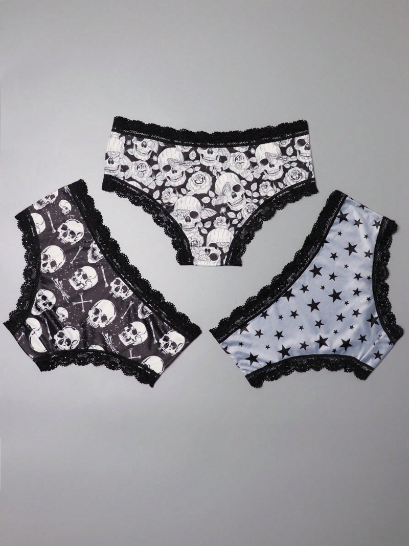 3 Piezas Lenceria De Goth Con Contraste De Encaje Hipster Panties, Prendas De Ropa Interior De Calaveras Con Estrellas Para Halloween, Lenceria Y Ropa Interior De Mujer