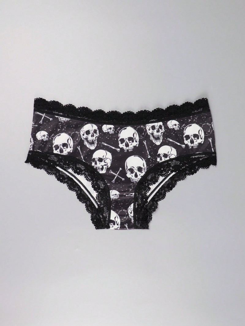 3 Piezas Lenceria De Goth Con Contraste De Encaje Hipster Panties, Prendas De Ropa Interior De Calaveras Con Estrellas Para Halloween, Lenceria Y Ropa Interior De Mujer