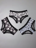 3 Piezas Lenceria De Goth Con Contraste De Encaje Hipster Panties, Prendas De Ropa Interior De Calaveras Con Estrellas Para Halloween, Lenceria Y Ropa Interior De Mujer