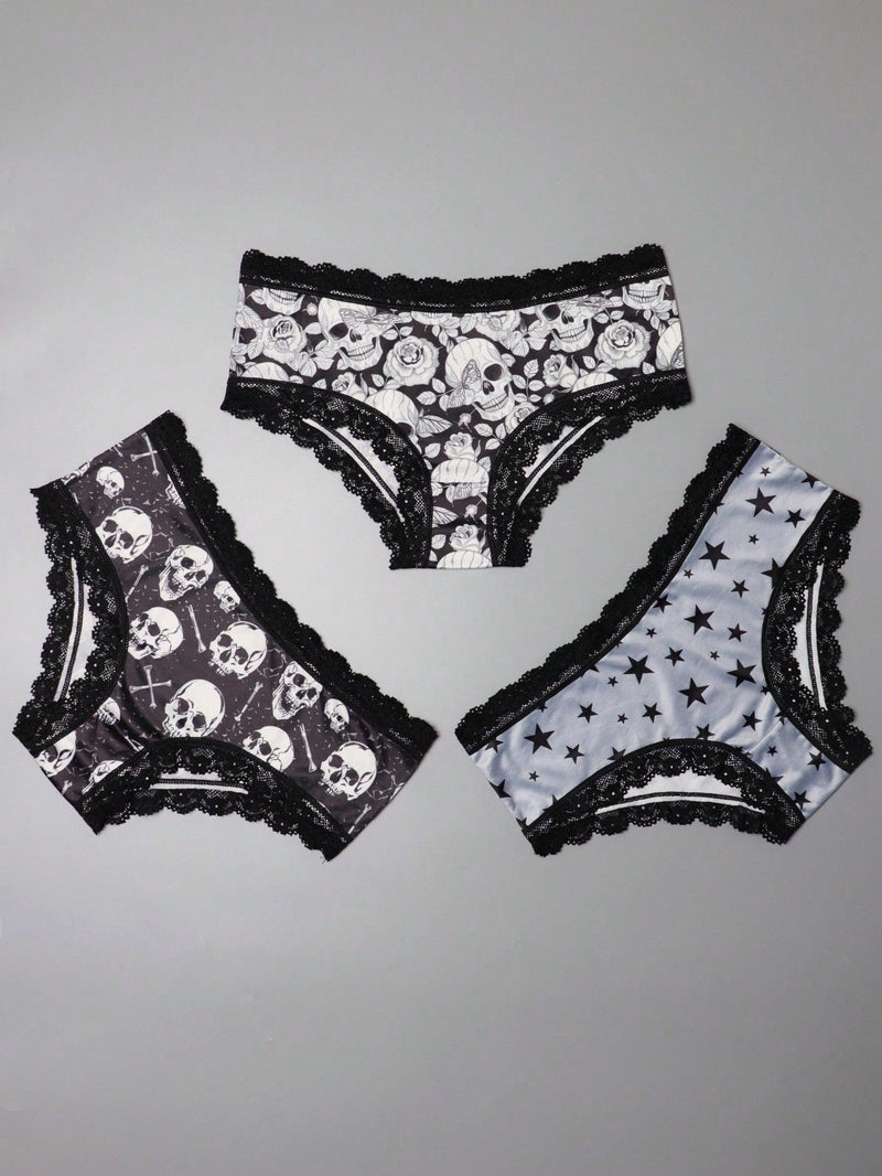 3 Piezas Lenceria De Goth Con Contraste De Encaje Hipster Panties, Prendas De Ropa Interior De Calaveras Con Estrellas Para Halloween, Lenceria Y Ropa Interior De Mujer