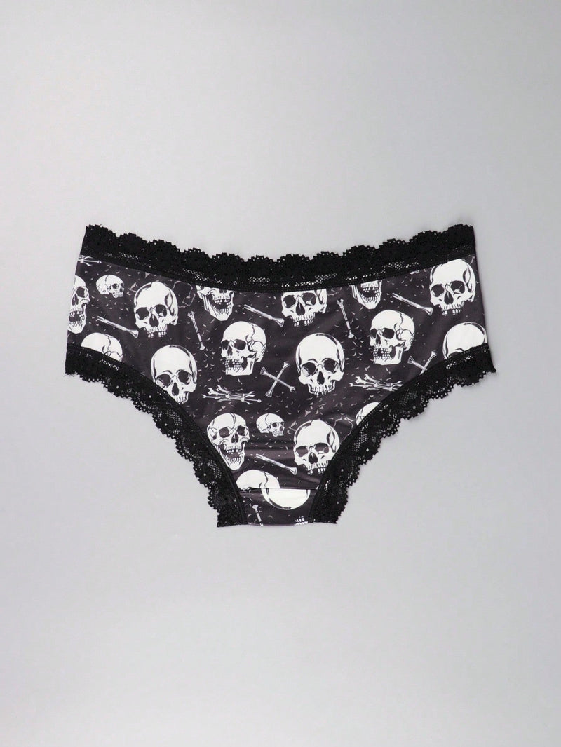 3 Piezas Lenceria De Goth Con Contraste De Encaje Hipster Panties, Prendas De Ropa Interior De Calaveras Con Estrellas Para Halloween, Lenceria Y Ropa Interior De Mujer