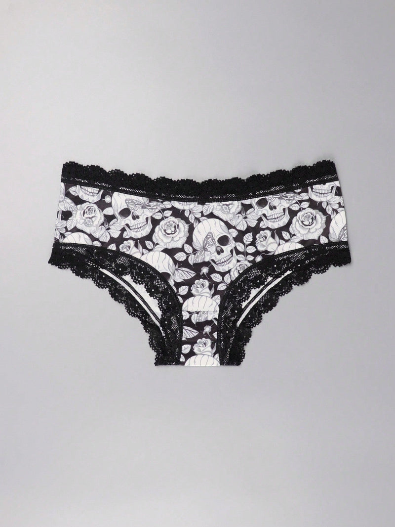 3 Piezas Lenceria De Goth Con Contraste De Encaje Hipster Panties, Prendas De Ropa Interior De Calaveras Con Estrellas Para Halloween, Lenceria Y Ropa Interior De Mujer