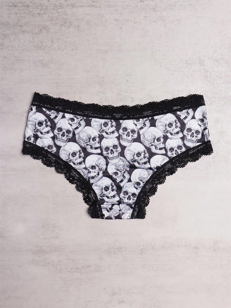 3 Piezas Bragas Hipster De Encaje En Contraste, Bragas Intimas Con Estampado De Calavera De Halloween, Ropa Interior Y Lenceria Para Mujer