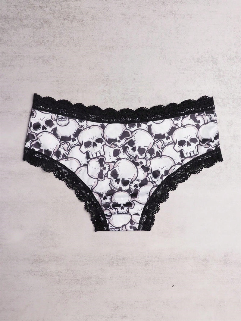 3 Piezas Bragas Hipster De Encaje En Contraste, Bragas Intimas Con Estampado De Calavera De Halloween, Ropa Interior Y Lenceria Para Mujer