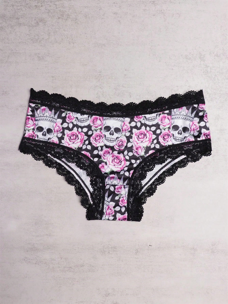 3 Piezas Bragas Hipster De Encaje En Contraste, Bragas Intimas Con Estampado De Calavera De Halloween, Ropa Interior Y Lenceria Para Mujer