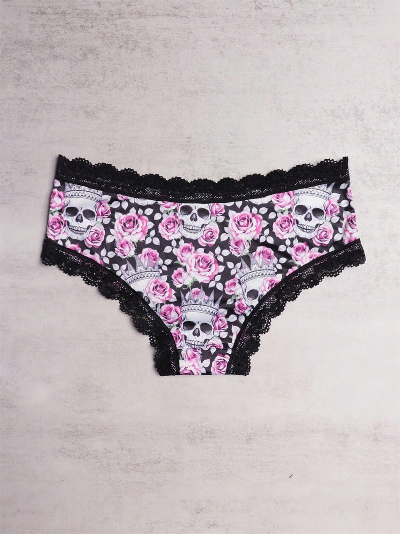 3 Piezas Bragas Hipster De Encaje En Contraste, Bragas Intimas Con Estampado De Calavera De Halloween, Ropa Interior Y Lenceria Para Mujer