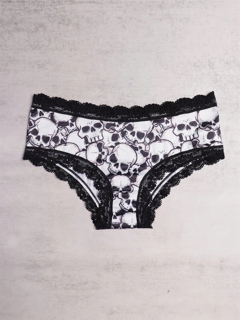 3 Piezas Bragas Hipster De Encaje En Contraste, Bragas Intimas Con Estampado De Calavera De Halloween, Ropa Interior Y Lenceria Para Mujer