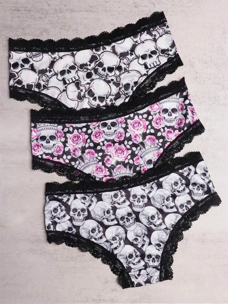 3 Piezas Bragas Hipster De Encaje En Contraste, Bragas Intimas Con Estampado De Calavera De Halloween, Ropa Interior Y Lenceria Para Mujer