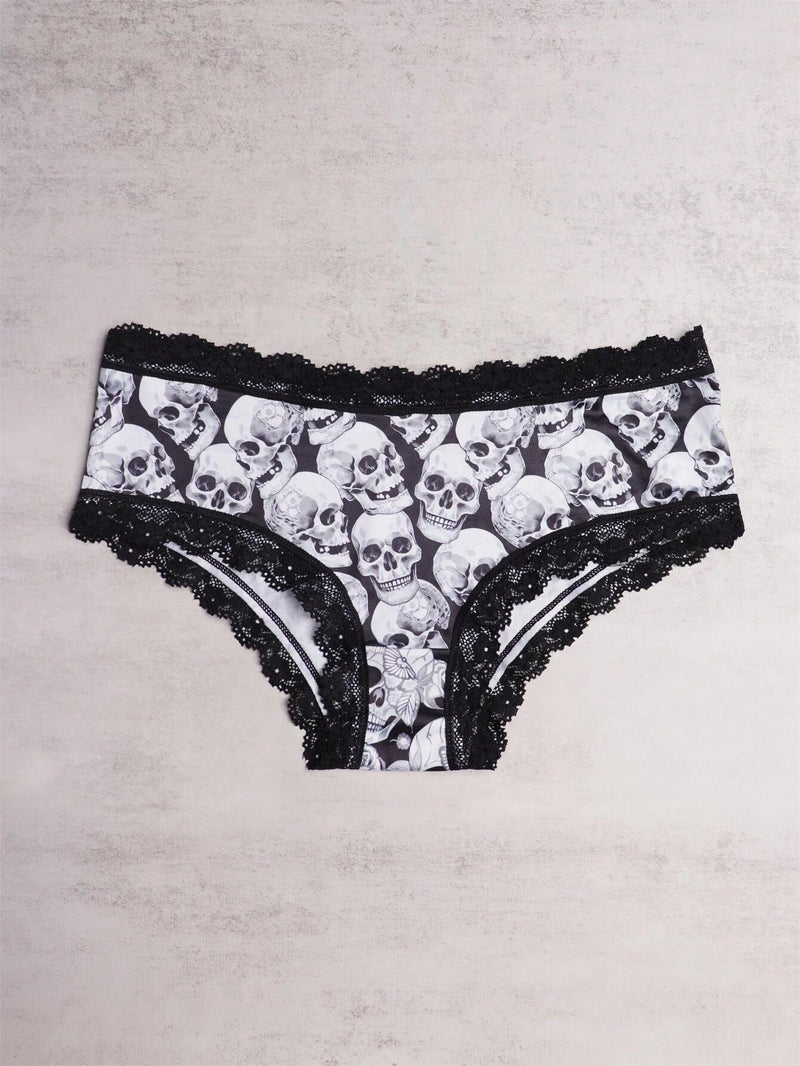 3 Piezas Bragas Hipster De Encaje En Contraste, Bragas Intimas Con Estampado De Calavera De Halloween, Ropa Interior Y Lenceria Para Mujer