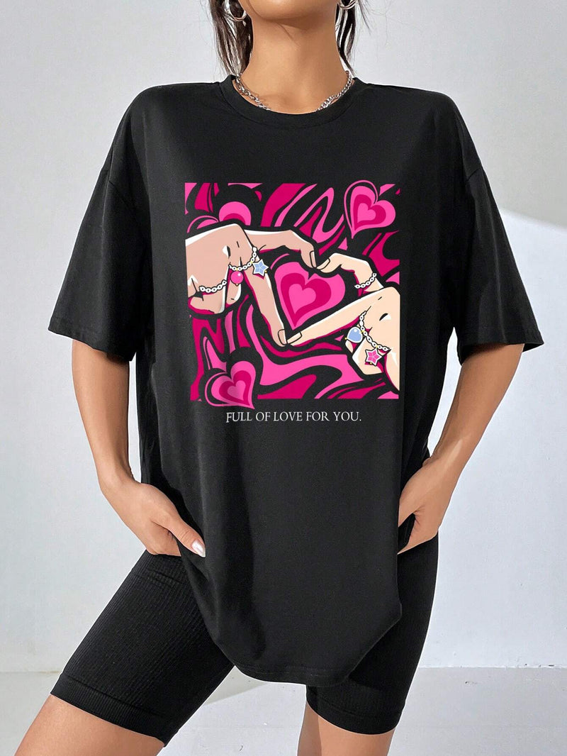 Camiseta de mujer con estampado de corazon y palma rosa de gran tamano con cuello redondo y hombros caidos