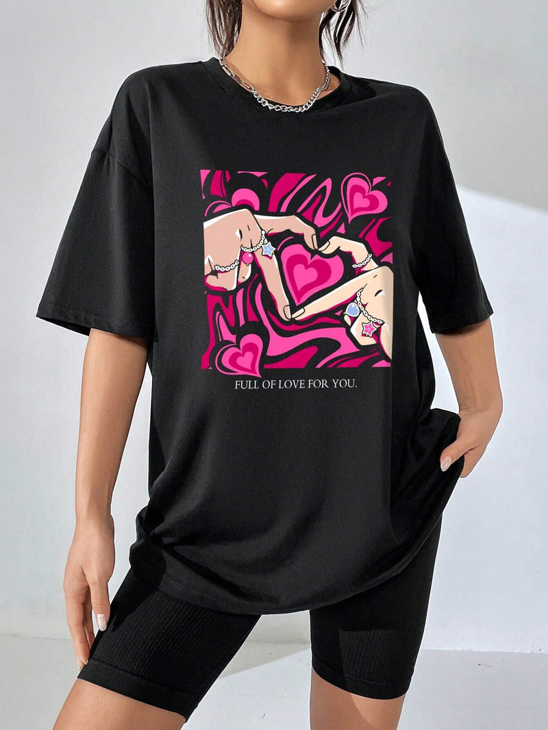 Camiseta de mujer con estampado de corazon y palma rosa de gran tamano con cuello redondo y hombros caidos