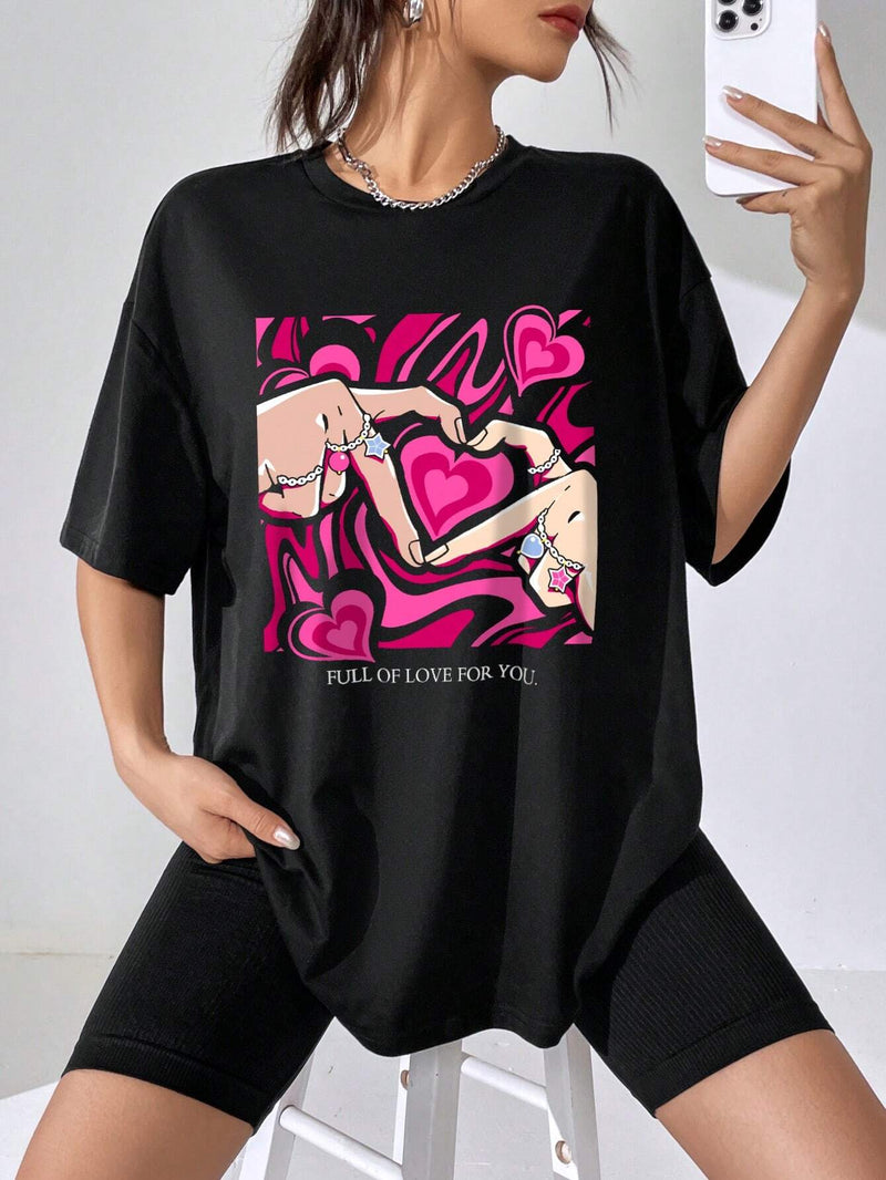 Camiseta de mujer con estampado de corazon y palma rosa de gran tamano con cuello redondo y hombros caidos