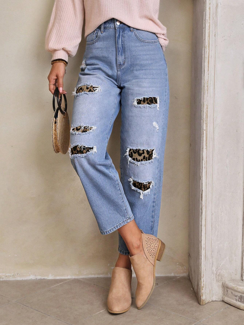 LUNE Jeans de pierna recta con estampado de leopardo desgarro