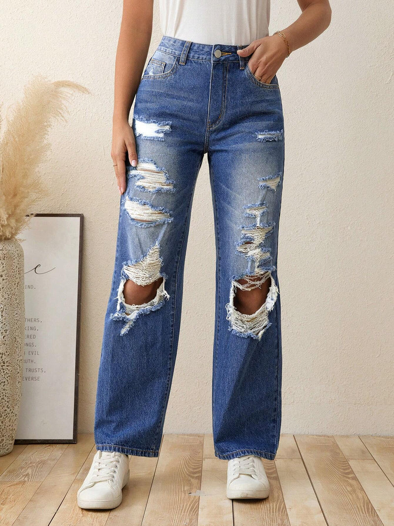 EZwear Jeans de pierna recta de talle alto desgarro sin cinturon