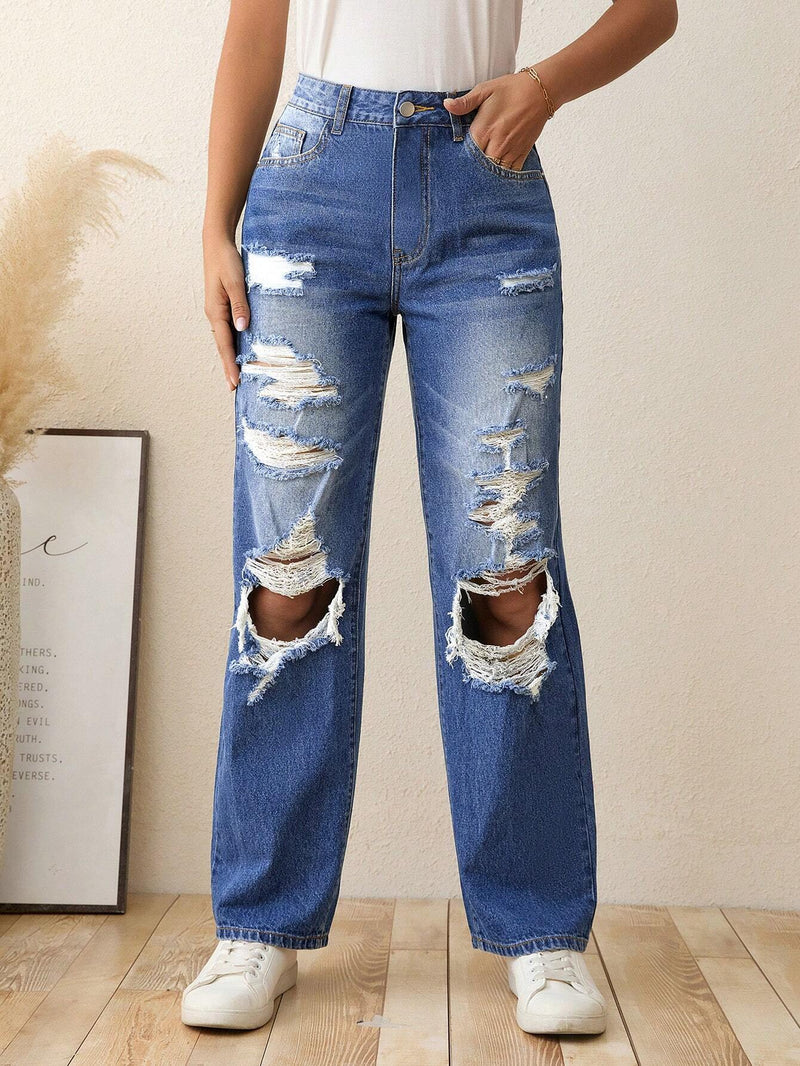 EZwear Jeans de pierna recta de talle alto desgarro sin cinturon