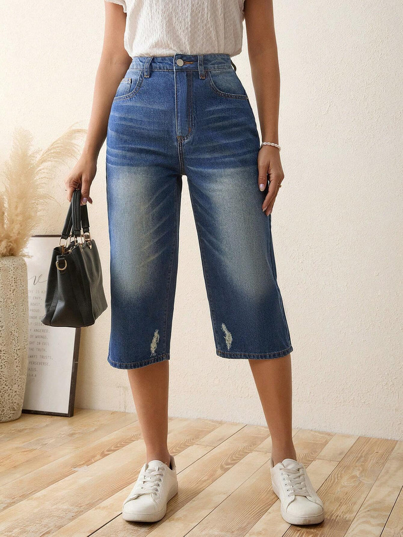 LUNE Jeans de talle alto con lavado bajo crudo capri