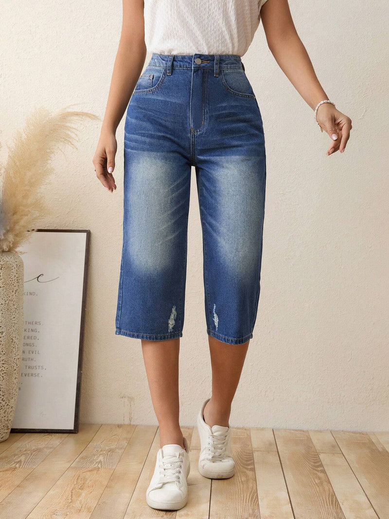 LUNE Jeans de talle alto con lavado bajo crudo capri