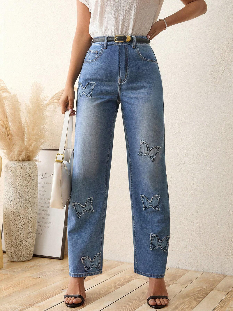 LUNE Jeans de pierna recta con estampado de mariposa sin cinturon