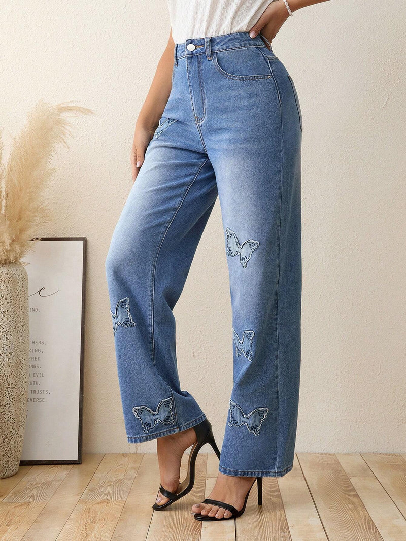 LUNE Jeans de pierna recta con estampado de mariposa sin cinturon