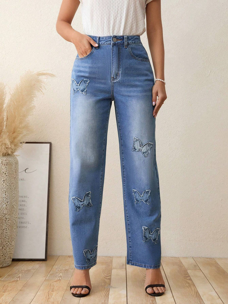 LUNE Jeans de pierna recta con estampado de mariposa sin cinturon