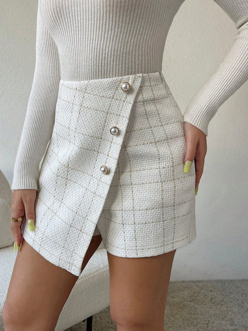 Prive Skort con estampado de cuadros con boton delantero tweed