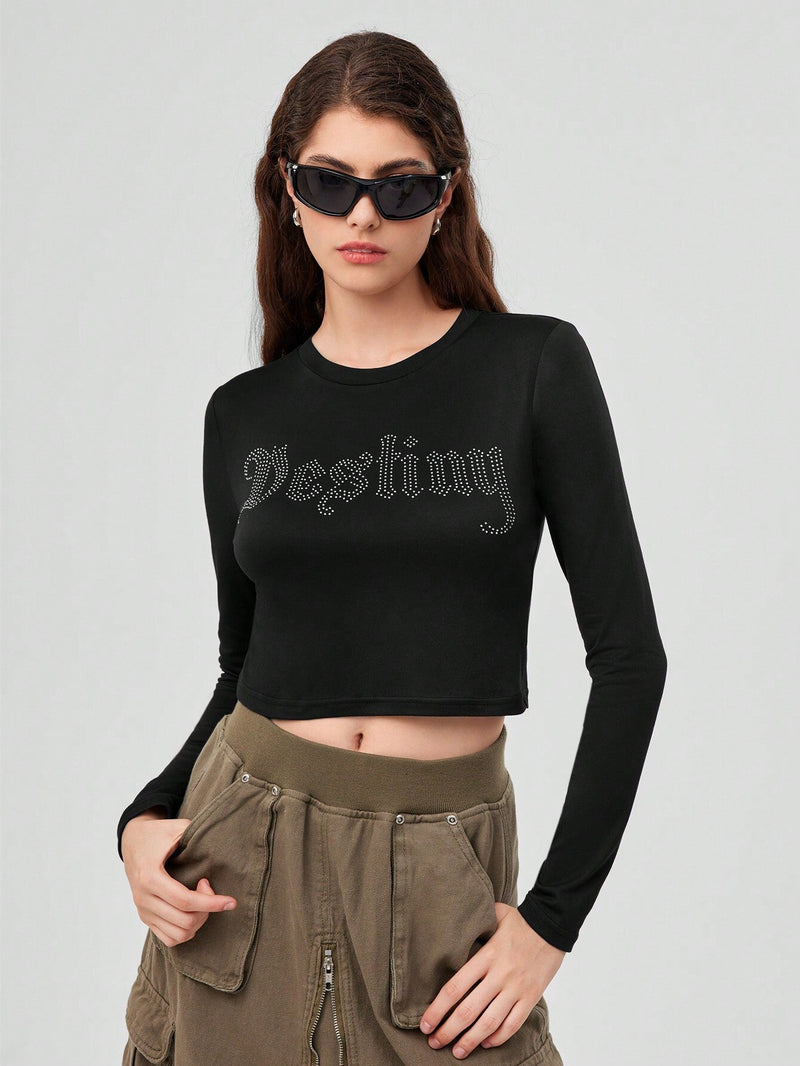 Forever 21 Top Corto Para Mujer Con Diseno De Letras Con Diamantes De Imitacion