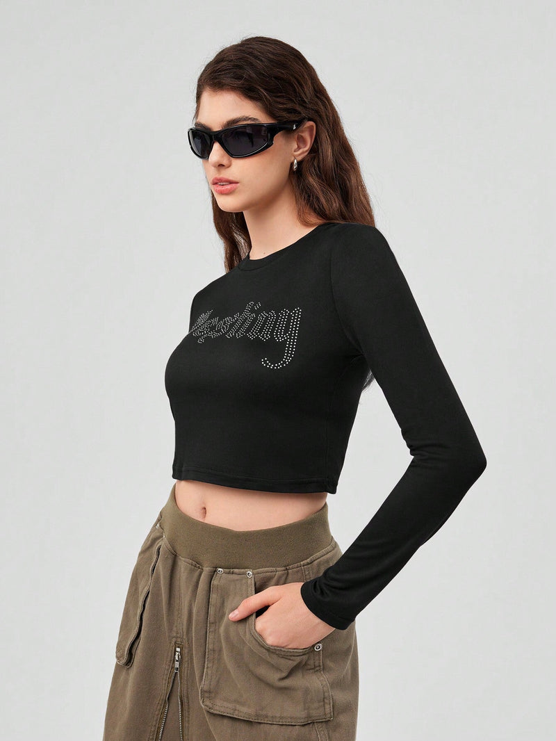 Forever 21 Top Corto Para Mujer Con Diseno De Letras Con Diamantes De Imitacion