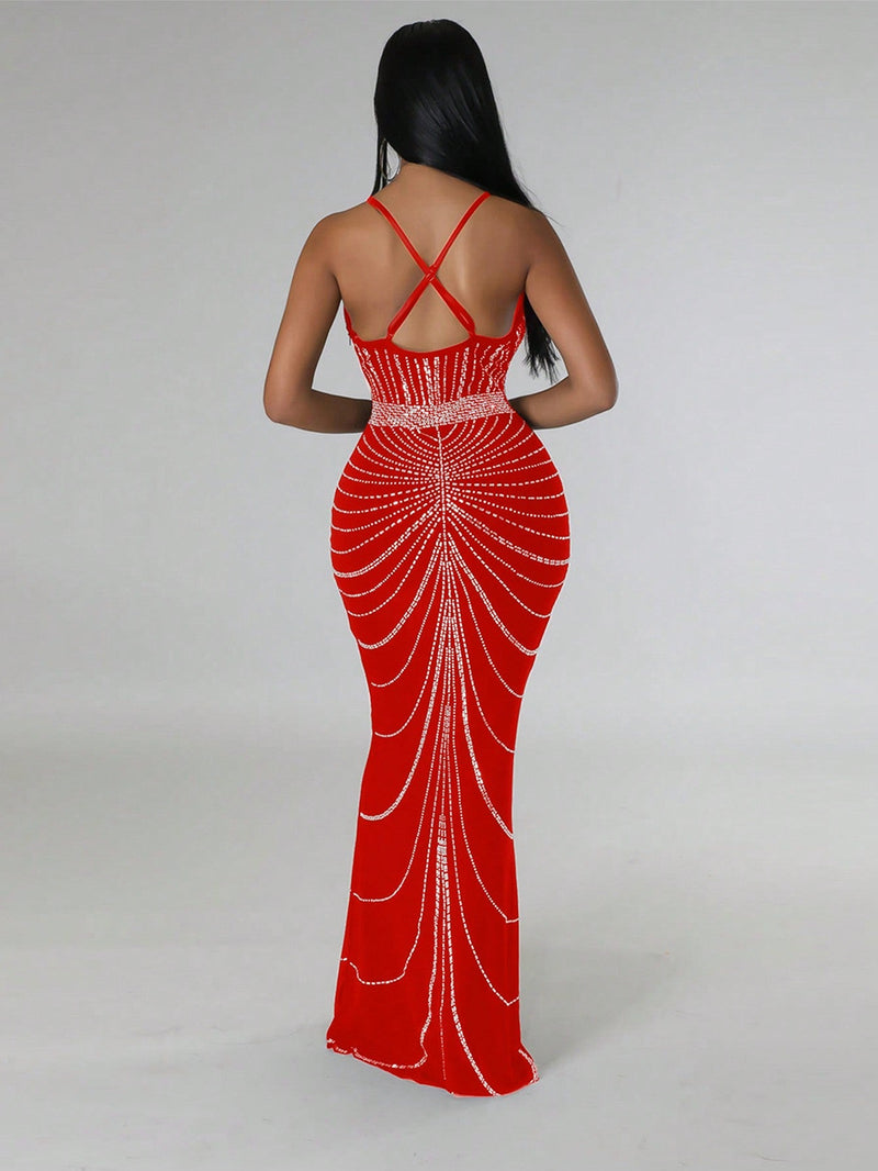 Vestido de vestir con diseno de diamante de imitacion bajo sirena con lentejuelas