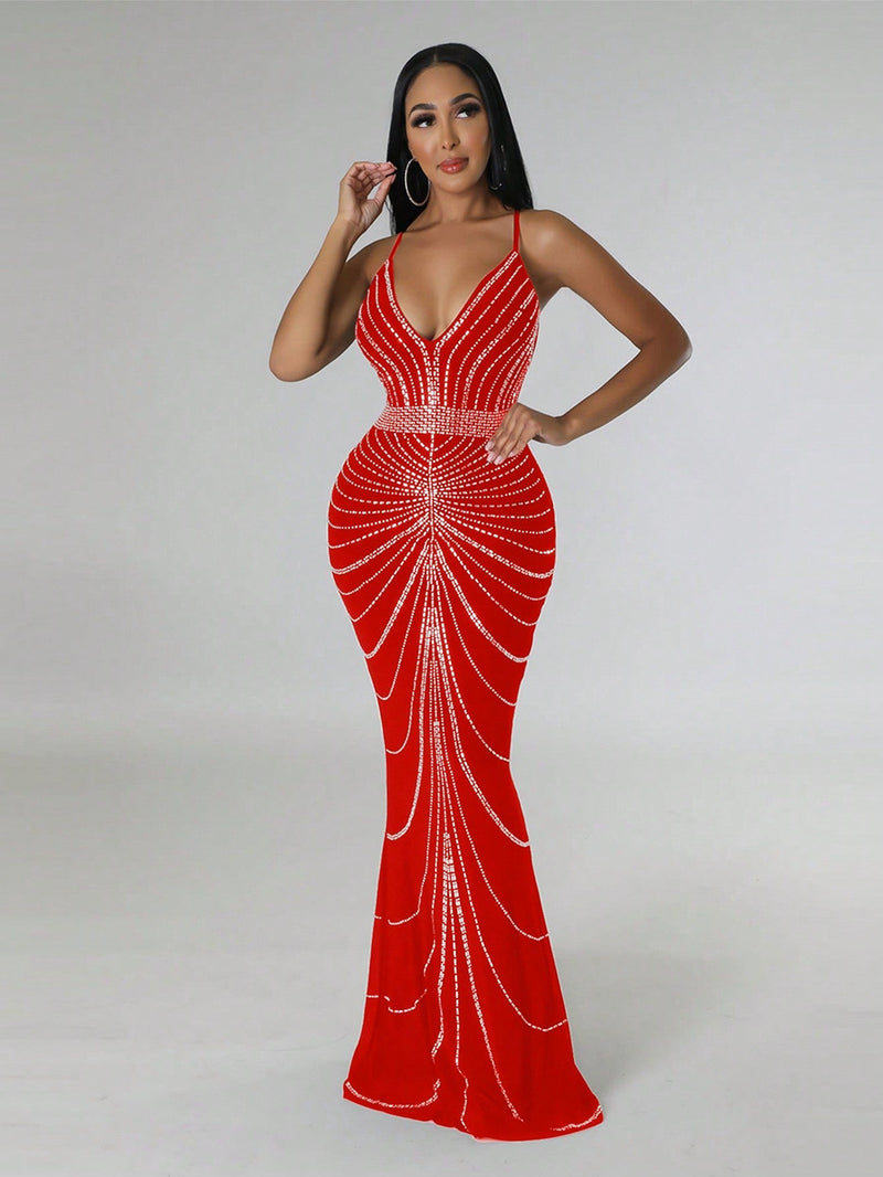 Vestido de vestir con diseno de diamante de imitacion bajo sirena con lentejuelas