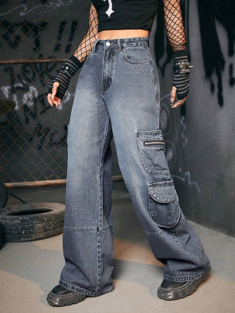 ROMWE Grunge Punk Pantalones Cargo Con Bolsillos Con Solapa Sin Cinturon