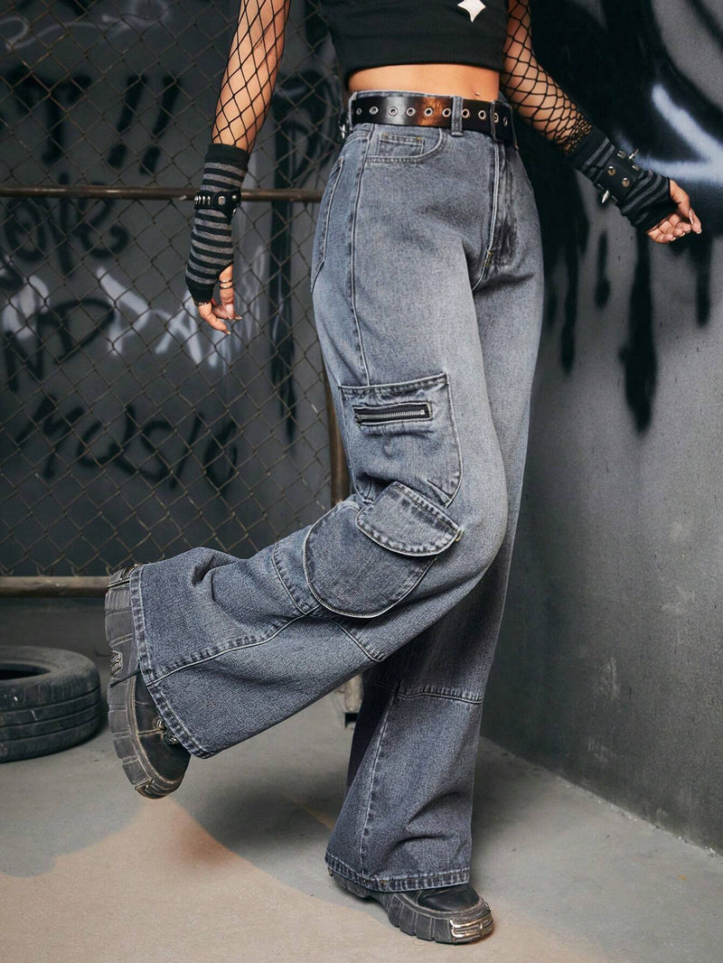 ROMWE Grunge Punk Pantalones Cargo Con Bolsillos Con Solapa Sin Cinturon