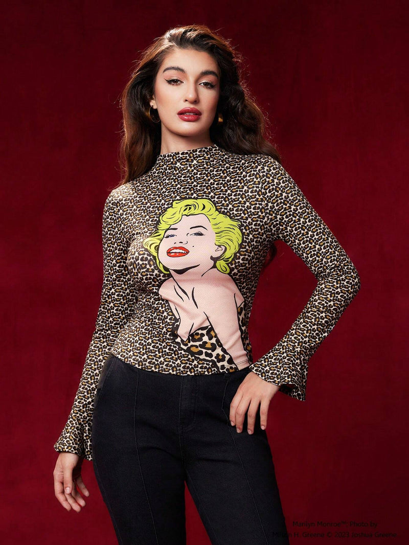 Marilyn Monroe   Camiseta De Cuello Simulado Con Grafico De Leopardo Y Figura