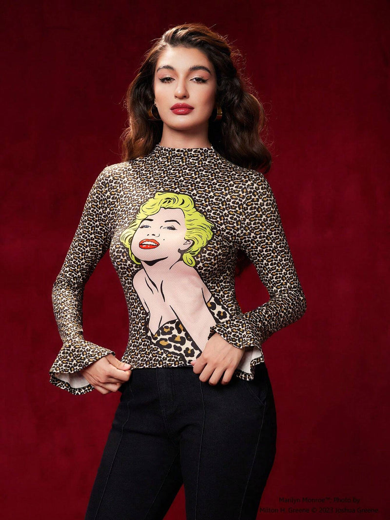 Marilyn Monroe   Camiseta De Cuello Simulado Con Grafico De Leopardo Y Figura