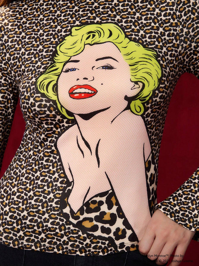 Marilyn Monroe   Camiseta De Cuello Simulado Con Grafico De Leopardo Y Figura