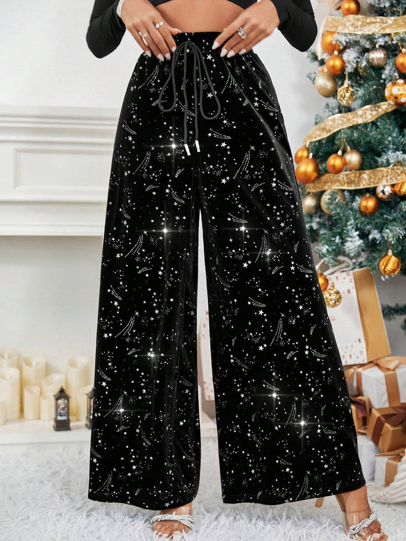 Prive Pantalones de pierna ancha con estampado de galaxia de cintura con nudo