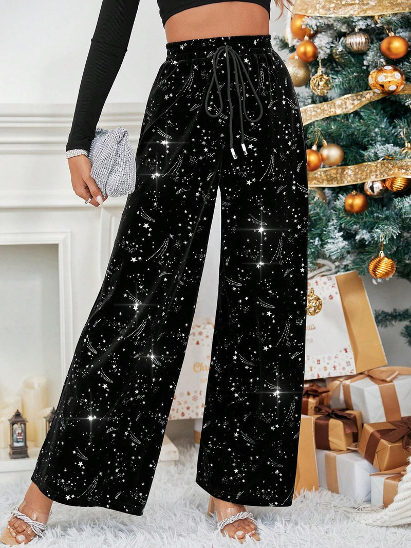 Prive Pantalones de pierna ancha con estampado de galaxia de cintura con nudo