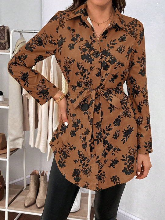 Clasi Camisa con estampado floral de manga enrollada con boton con cinturon