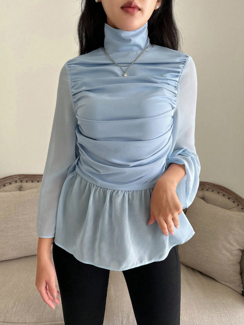 Neu Camisa De Cuello Alto De Manga Acampanada Para Mujer Con Pliegues En Las Mangas