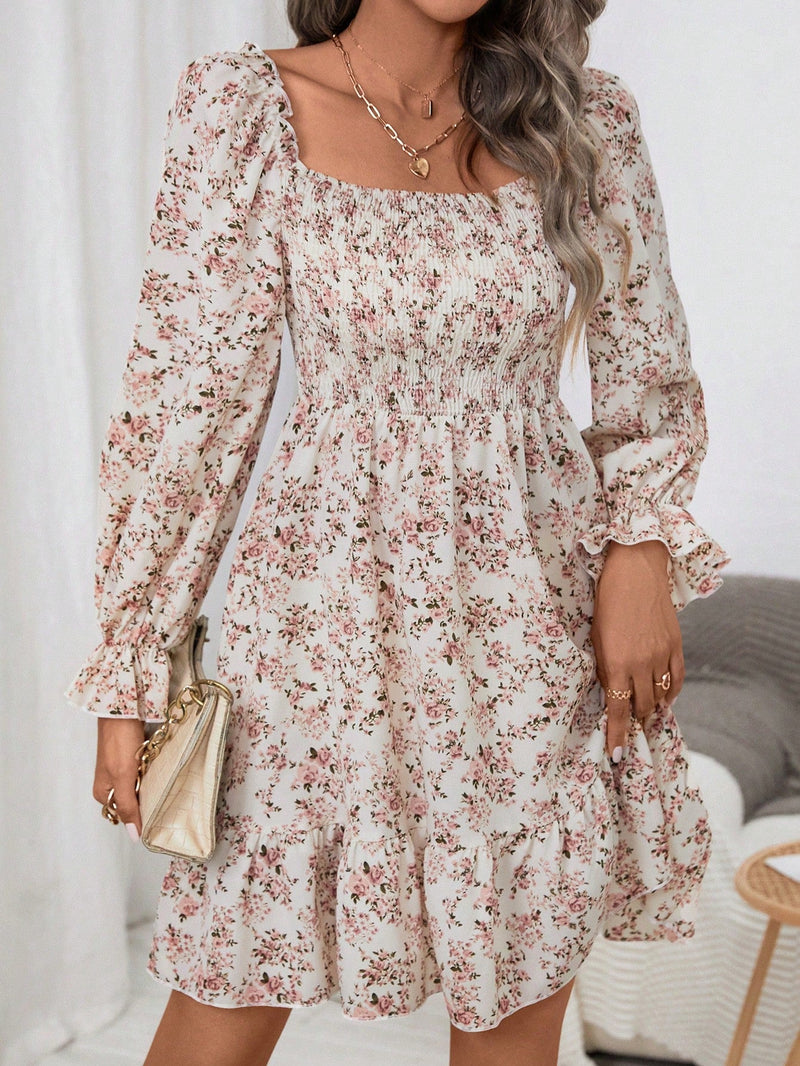 LUNE Vestido con estampado floral de manga amplia bajo con fruncido