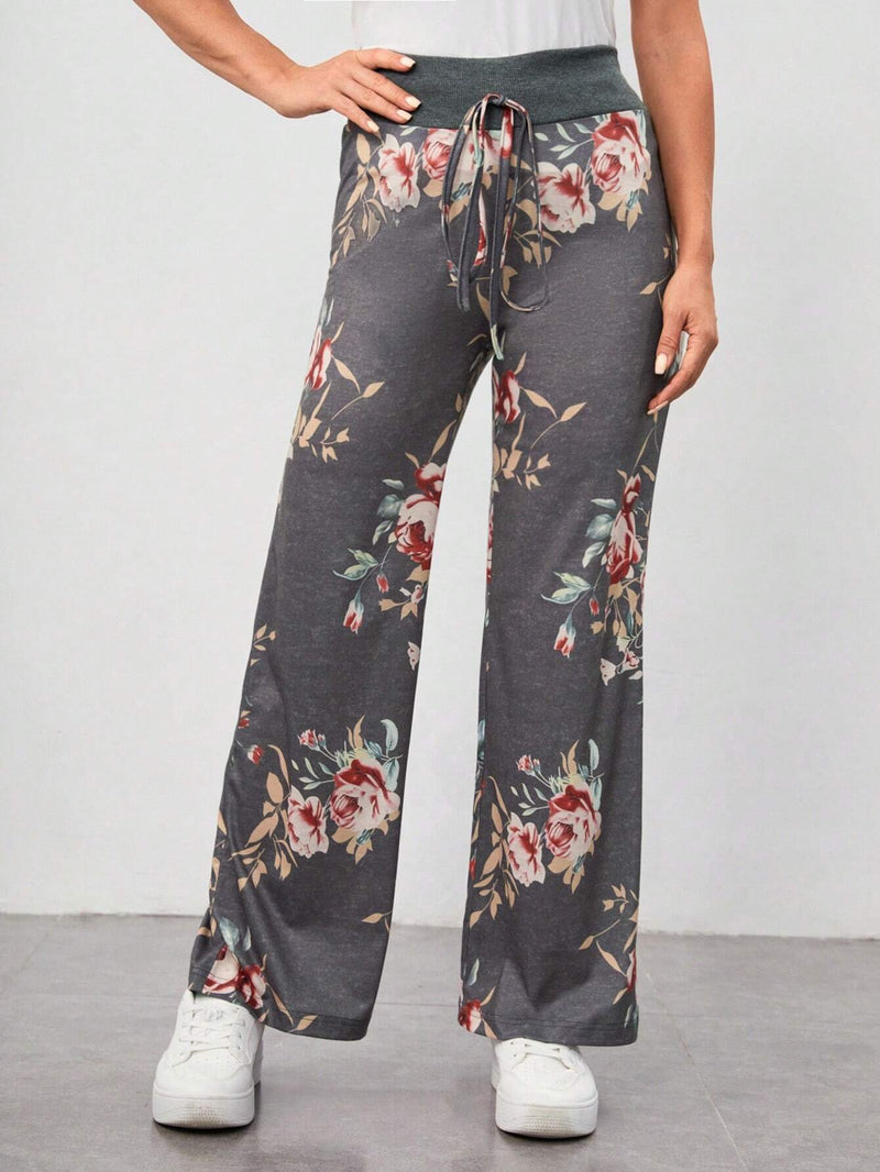 VCAY Pantalones rectos con estampado floral de cintura con nudo