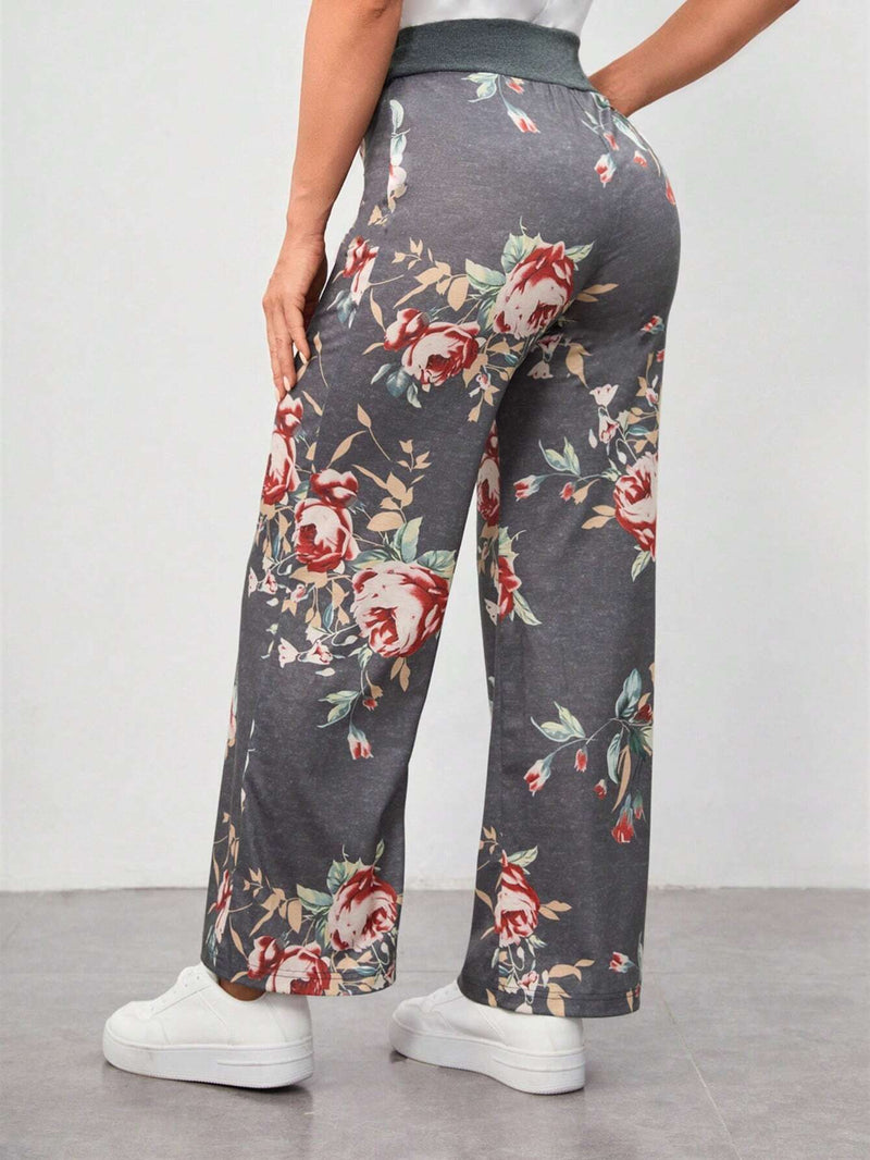 VCAY Pantalones rectos con estampado floral de cintura con nudo