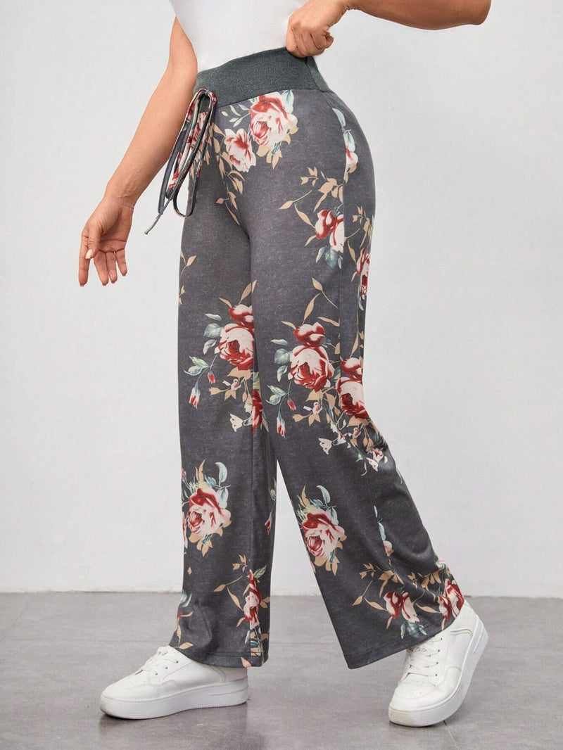 VCAY Pantalones rectos con estampado floral de cintura con nudo