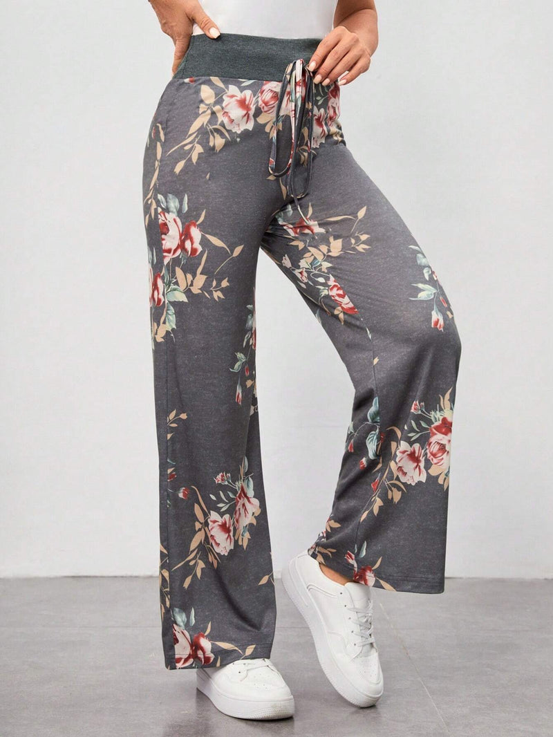 VCAY Pantalones rectos con estampado floral de cintura con nudo